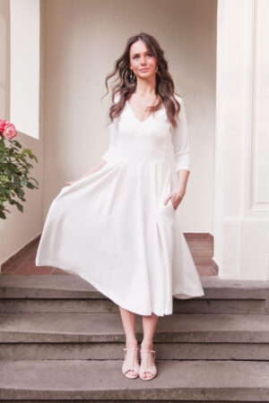 Midi Brautkleid Standesamt mit V-Ausschnitt und Taschen