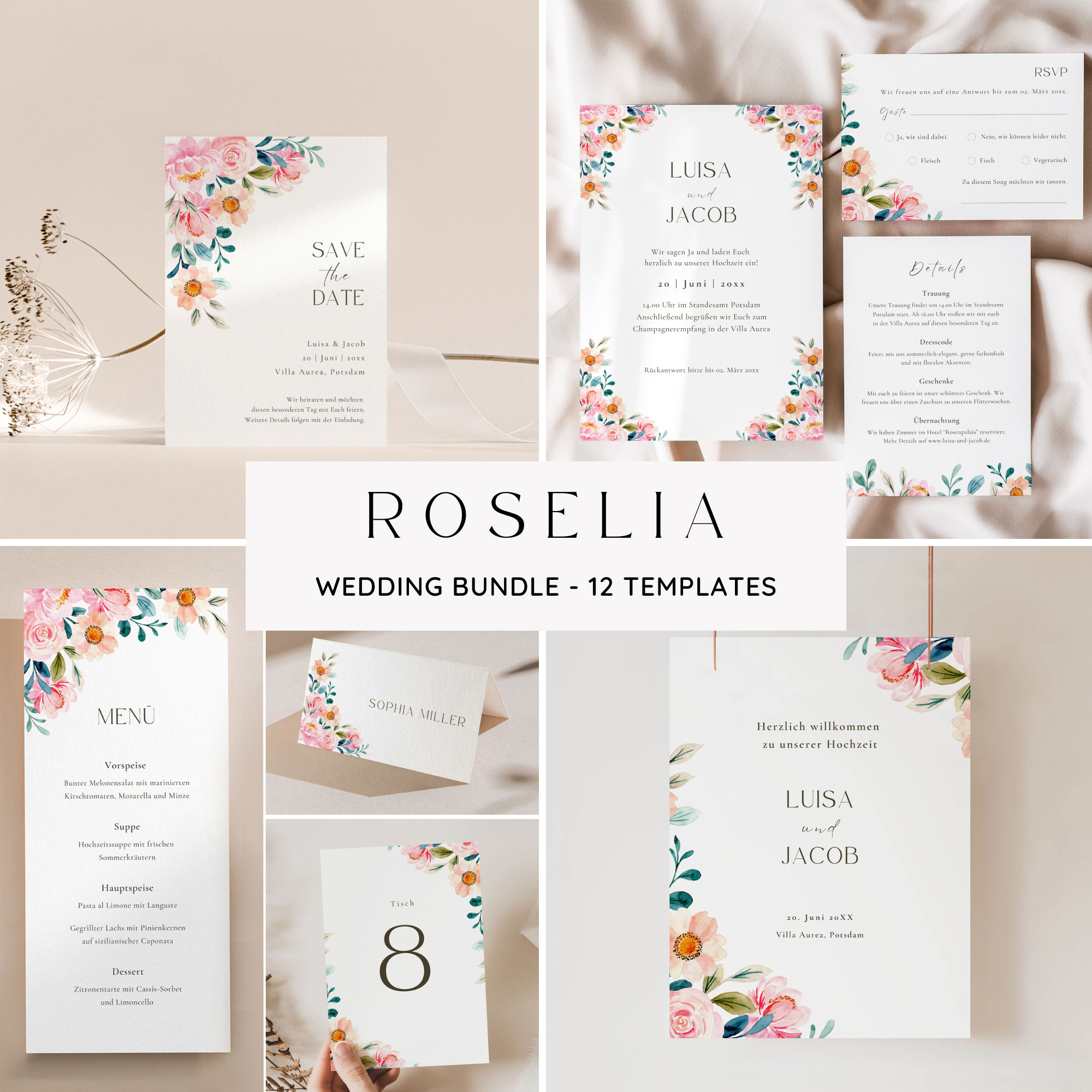 Hochzeit Papeterie Set, Canva Vorlage, elegant & floral mit Blüten