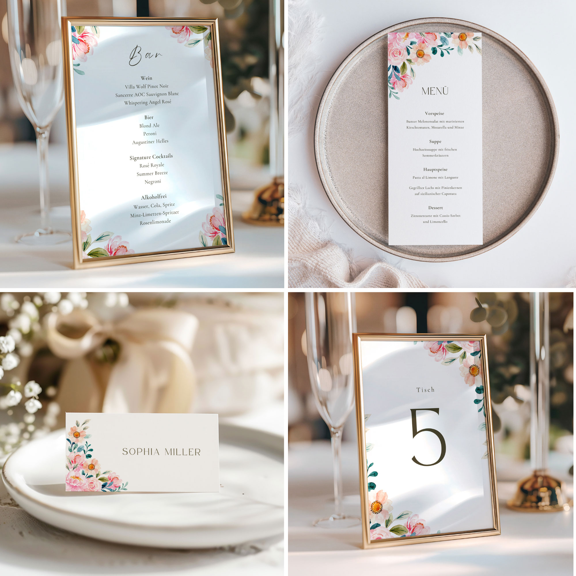 Hochzeit Papeterie Set, Menükarte, Barkarte, Namenskarte, Tischnummer, Canva Vorlage, elegant & floral mit Blüten