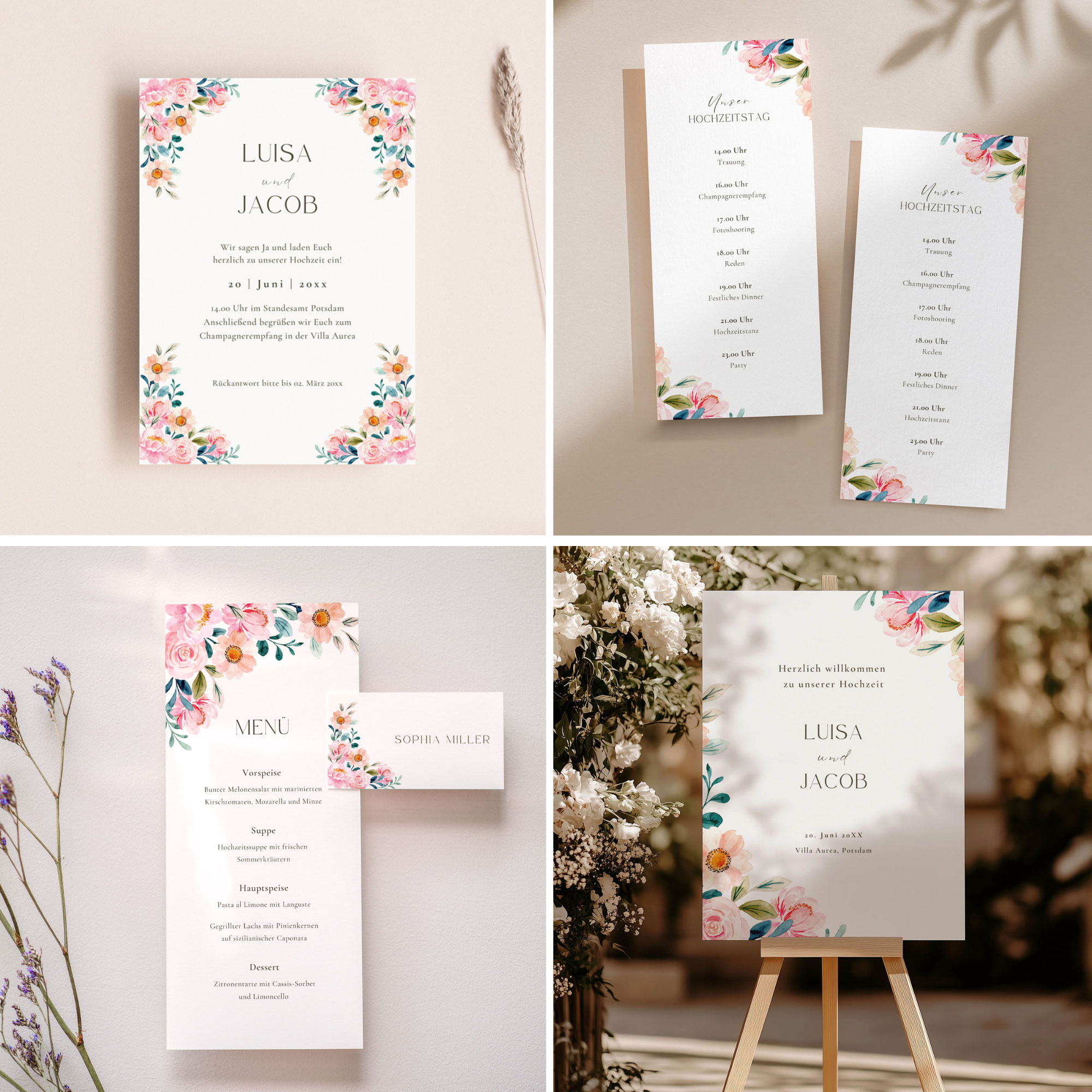 Hochzeit Papeterie Set, Canva Vorlage, elegant & floral mit Blüten