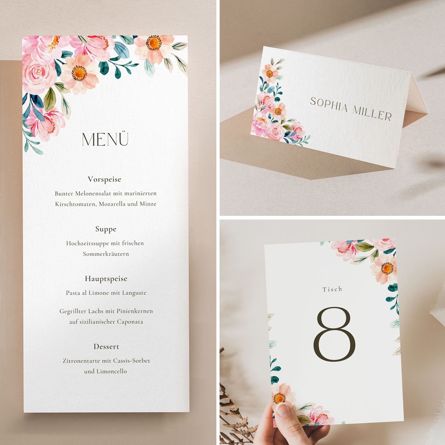 Tischkarten Set | Elegante Vorlagen für Hochzeitstafel ROSELIA